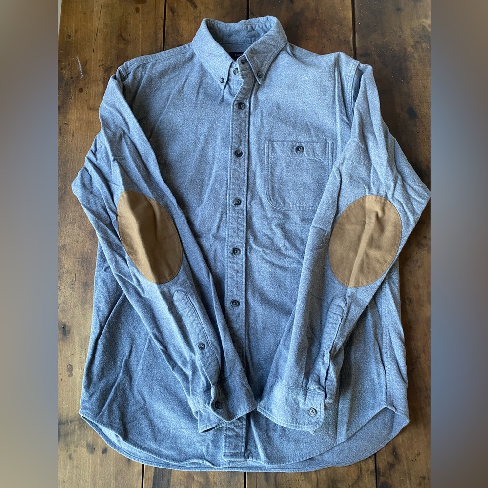 J. Crew Blue Shirt with Tan Elbow Patches